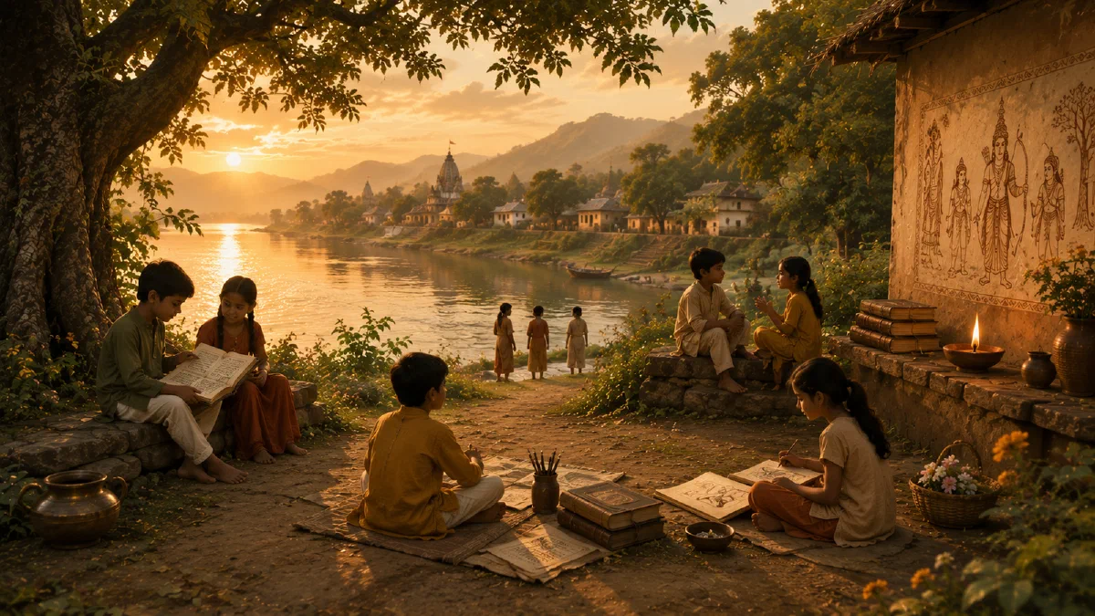 Two children sitting beneath a tree beside a river in a quiet Ram Katha landscape.