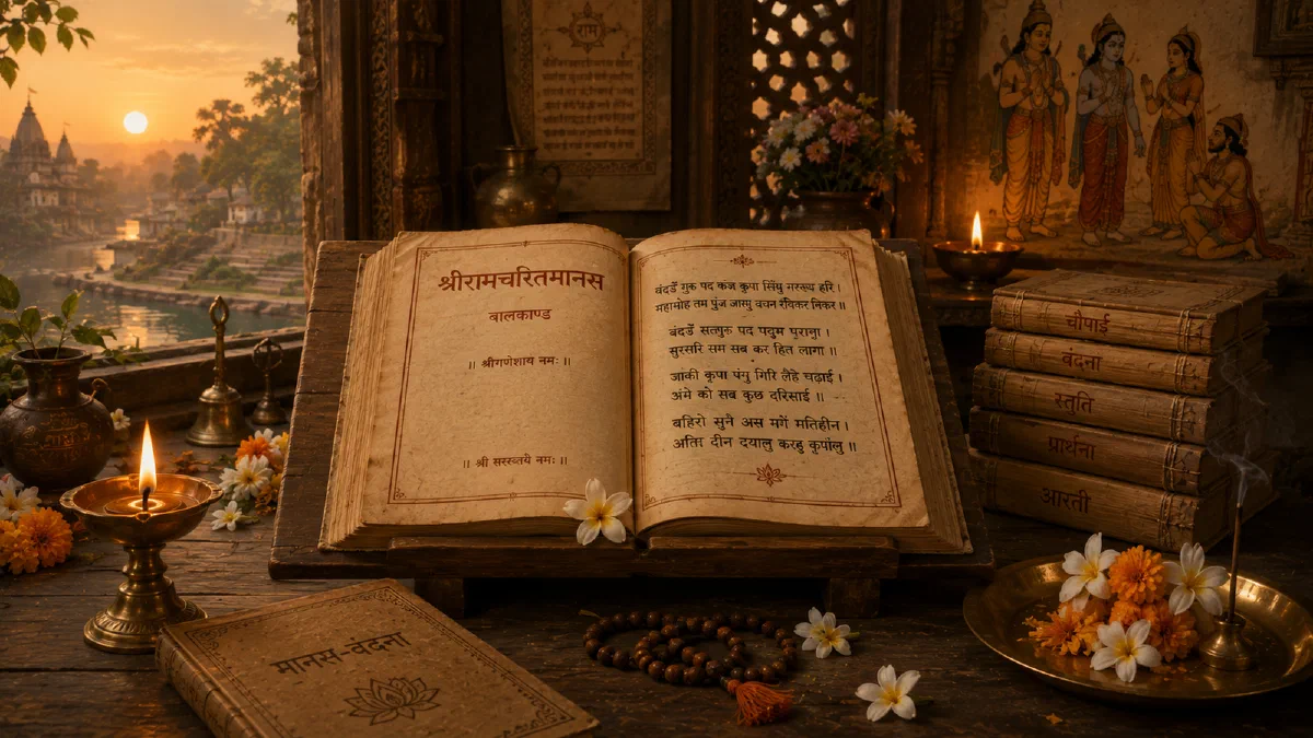 An open manuscript beside a diya and flowers in a quiet riverside landscape.