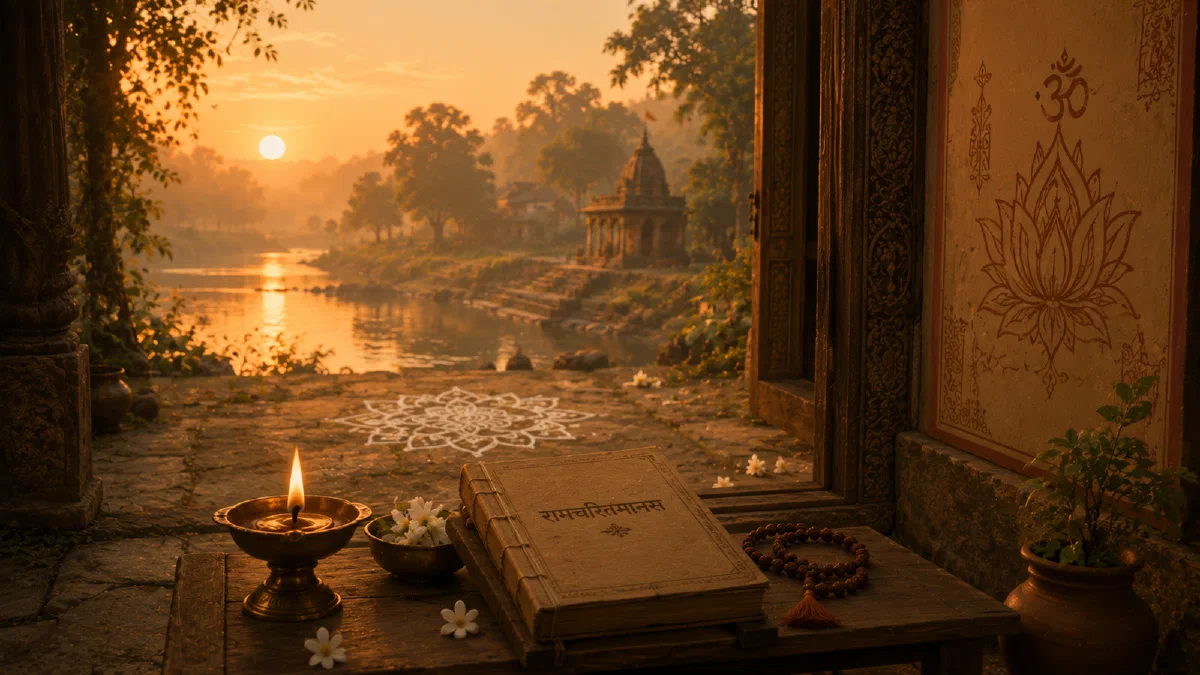 A lit diya beside an open Ramcharitmanas at a quiet riverside, with temple architecture in the distance.