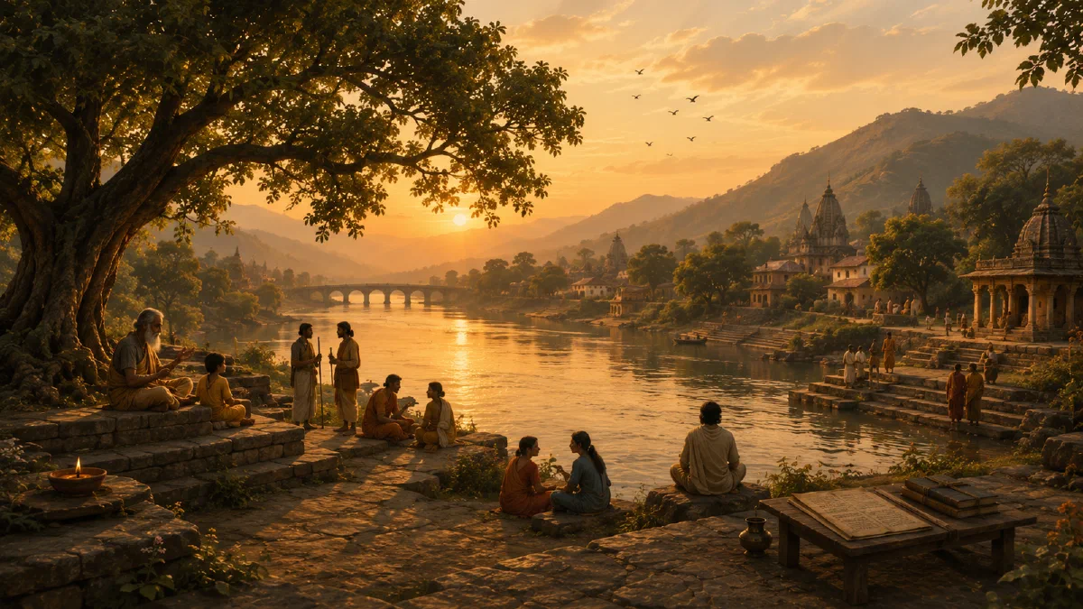 A quiet riverside landscape with stone ghats and a temple beneath trees, with mountains in the distance.