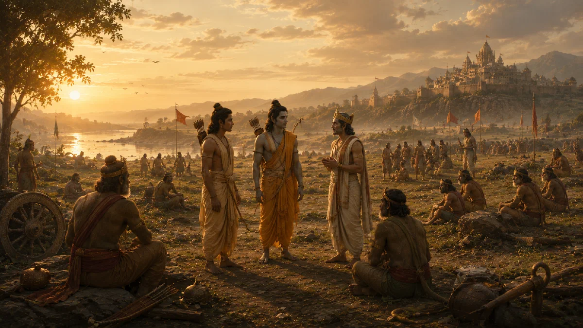 A restrained battlefield landscape from the Shri Rama–Ravana war.