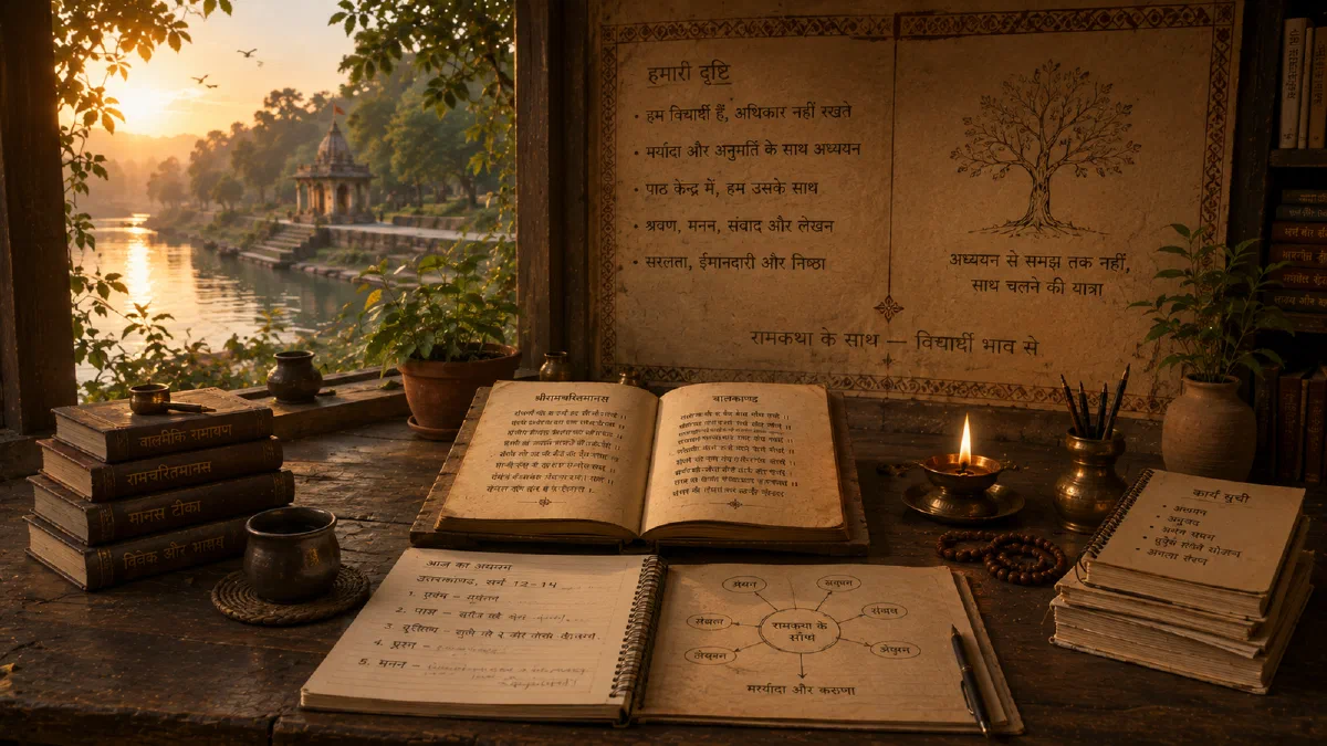 An illustrated reading and working space with books, manuscript pages and a quiet lamp.