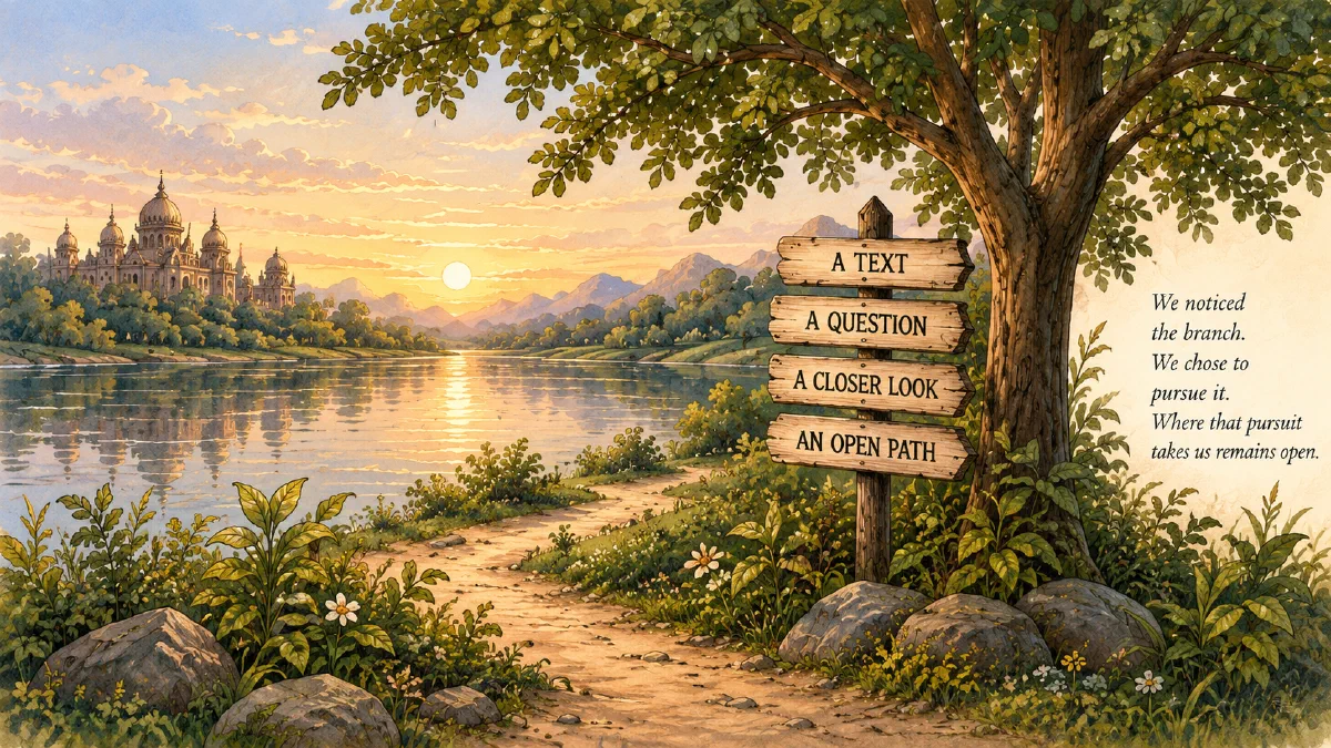 An illustrated riverside path branching beside a signpost marked A Text, A Question, A Closer Look and An Open Path.